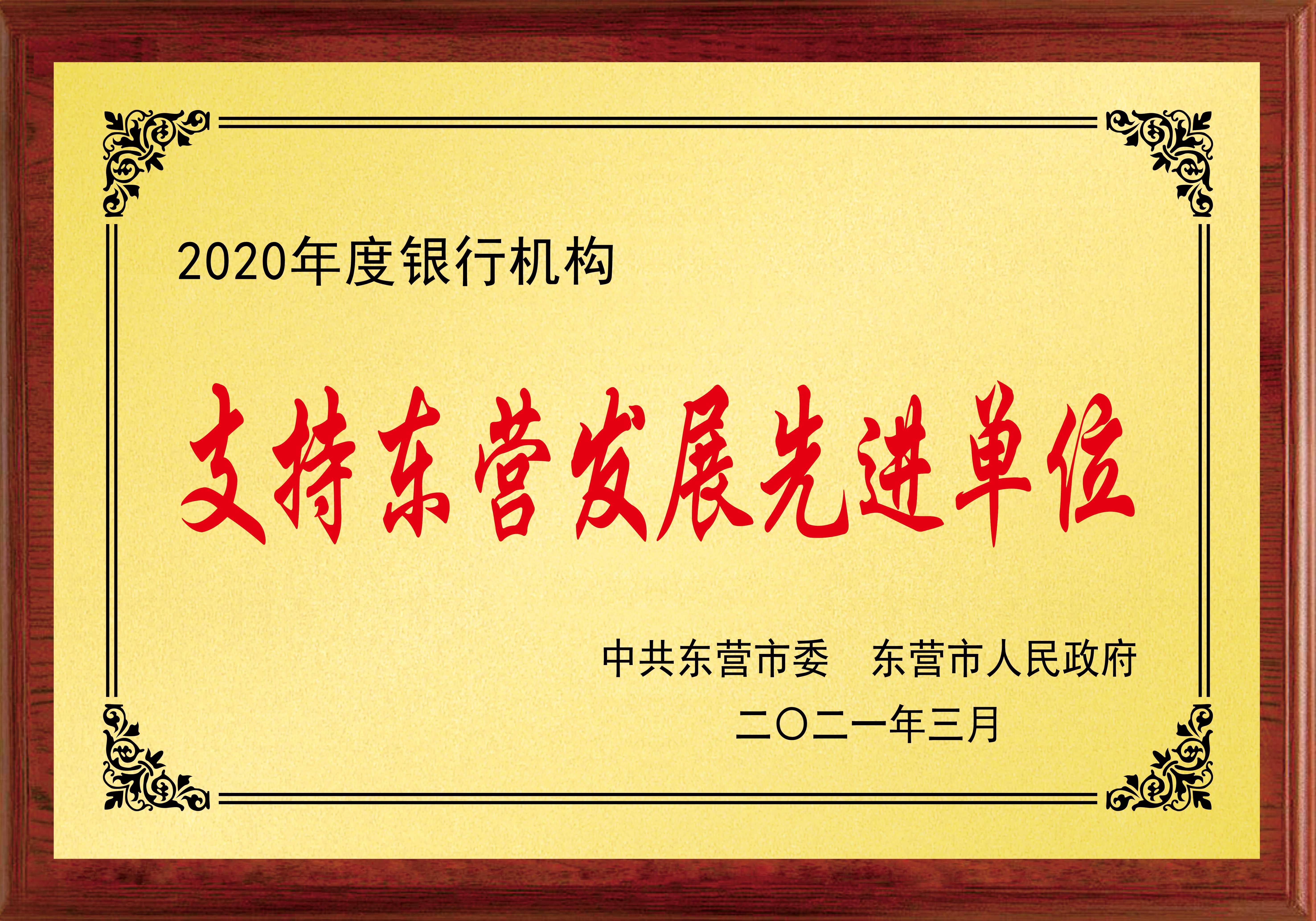 2020年度银行机构 支持东营发展先进单位